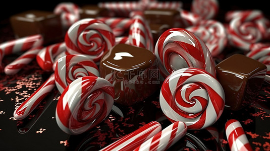 旋转棒棒糖和焦糖在圣诞节和新年庆祝活动的节日 3D 渲染中带来欢乐