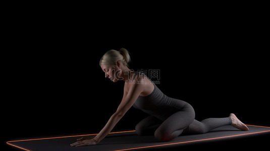 黑色背景瑜伽年轻女士在 3d 中完善 bhujangasana