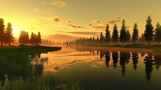 令人惊叹的 3D 渲染宁静的日出景观反射在湖上翠绿的树木郁郁葱葱的黄色草丛上