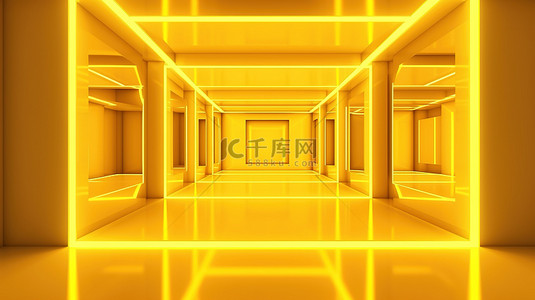 游戏展背景图片_黄色和灰色对称房间，带有 3D 渲染的醒目的霓虹灯线