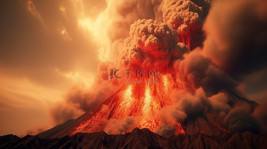 爆炸红色背景图片_渲染一座巨大的火山喷发，熔岩和烟雾在空气中喷涌