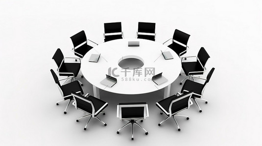 公司会议老板椅位于白色设置 3D 设计中排列的椅子中间