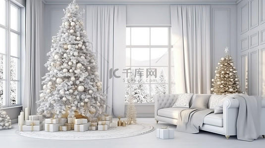 斯堪的纳维亚农舍风格客厅的 3D 渲染，配有现代圣诞树
