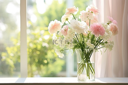 白色或粉色的花朵漂浮在窗户附近的透明玻璃中