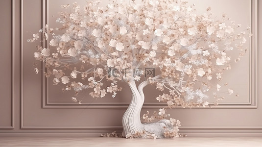 复古花卉和树木在奢华柔和风格的婚礼背景中特写拍摄，并以 3D 呈现优雅的触感