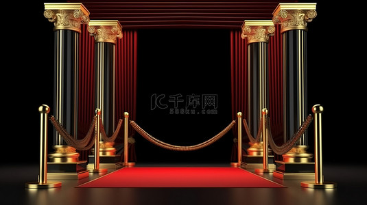 优雅的入口，黑色和金色柱子中的金色框架门，红地毯屏障和天鹅绒绳索 3d 渲染