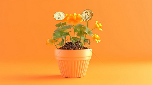 比特币花从盆中的幼苗生长在浅橙色背景下流行的加密货币 3d 渲染