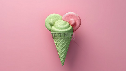 最小绿色 3D 渲染抽象粉红心形冰淇淋甜筒