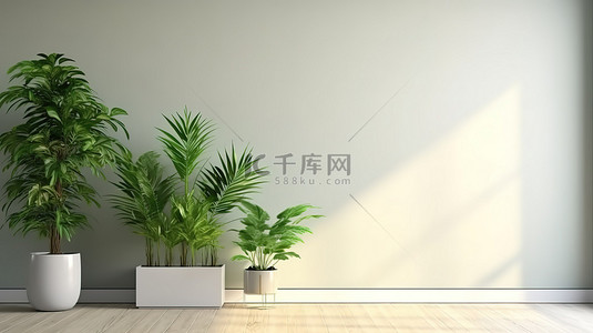 带绿化框架的裸露空间 3D 渲染极简主义房间