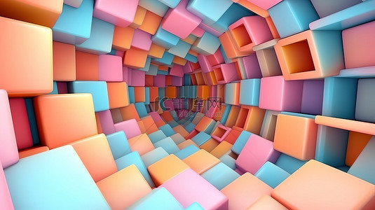 具有方形抽象背景的螺旋排列的柔和彩色 3D 渲染