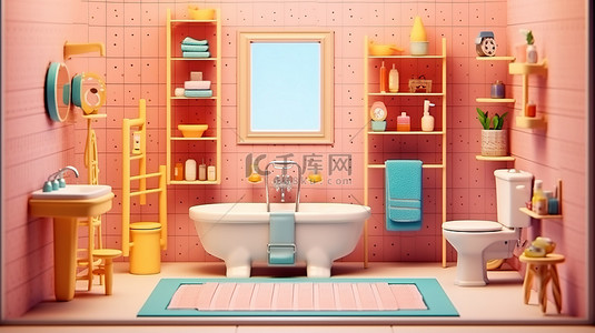 卡通浴室内部的可爱等距风格 3D 渲染