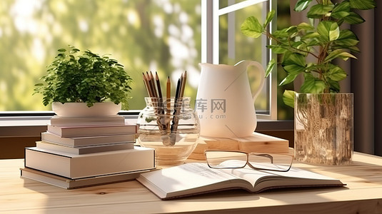 学习背景图片_时尚的木桌装饰着文具书籍装饰植物和充足的 3D 蒙太奇复制空间