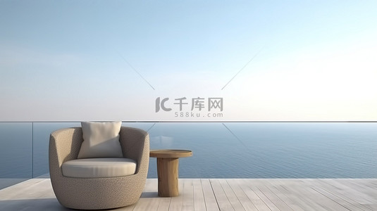 海边酒店背景图片_海边露台 3D 渲染展示豪华扶手椅