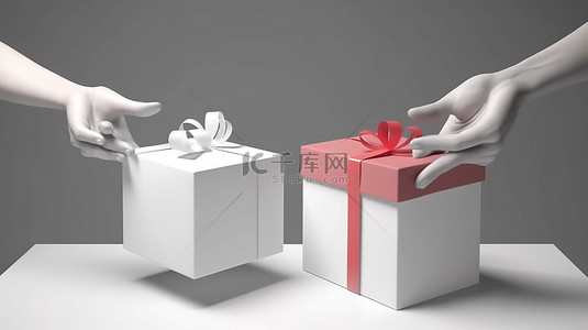 卡通风格 3d 渲染一只手在白色背景上将礼物盒赠送给另一只手代表慷慨和捐赠的插图