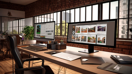 阁楼办公室的 3D 渲染，计算机屏幕显示建筑软件模型