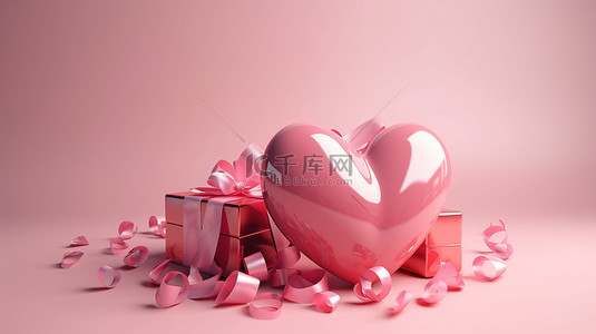 带有 3d 粉色心形渲染的情人节礼物