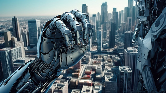未来机器城背景图片_现代城市 3D 渲染中的未来机器人手