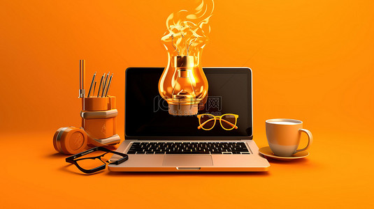 悬浮笔记本电脑周围环绕着咖啡杯文具和一个充满活力的橙色背景 3D 渲染的灯泡