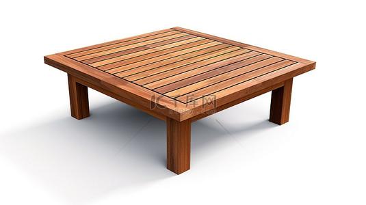 用于户外生活的木制咖啡桌，在白色背景下隔离，带有剪切路径 3D 渲染