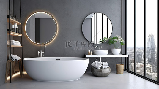 酒店浴室角落的 3D 渲染，配有灰色瓷砖墙圆形镜面白色浴缸和宽敞的窗户