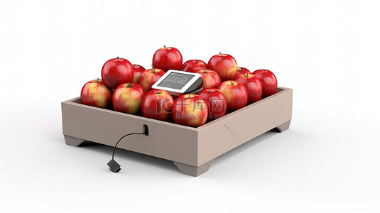 售價背景图片_白色背景苹果盒电子食品秤的 3D 渲染