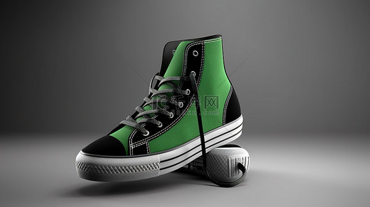充满活力的男女通用运动运动鞋绿色和黑色帆布，带有升高的白色鞋底3d 渲染