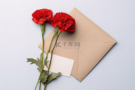 白色表面上的两朵红色康乃馨和一个蓝色信封