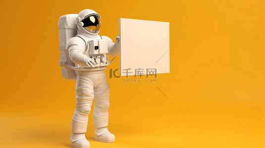 教育ppt封面背景图片_宇航员在充满活力的黄色 3D 渲染背景上展示空白的白色面板