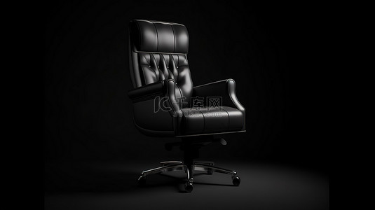 黑色皮革办公椅的行政王座 3D 渲染，在黑暗背景下被体积光照亮