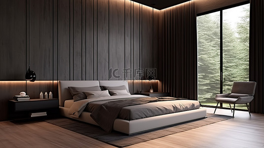现代简约卧室配有时尚的内置床头板和电视柜，采用丰富的深色木材和黑色瓷砖 3D 插图