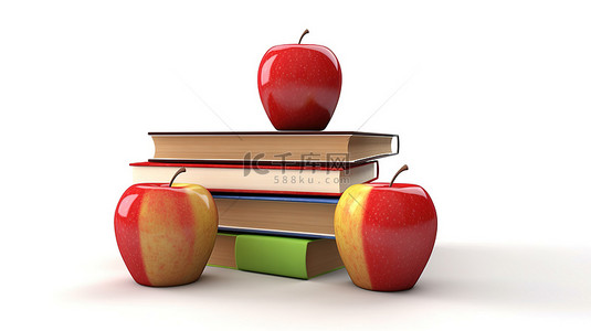 苹果吃苹果背景图片_一堆白色背景上有红苹果的书，3D 孤立插图