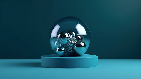 蓝色背景下白色基座上的玻璃圣诞球的简约豪华 3D 渲染