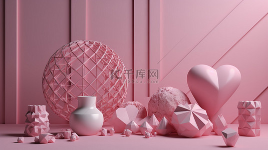 几何粉色装饰着心形令人惊叹的 3D 效果图，用于产品展示