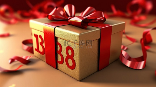 快乐的 18 岁生日庆祝活动闪闪发光的金色惊喜盒包裹着充满活力的红丝带 3d 渲染