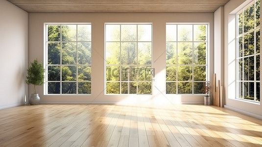 浅色木板背景图片_宽敞房间的精美 3D 渲染，配有浅色墙壁和落地窗
