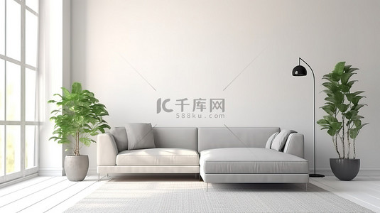 家背景图片_简约客厅环境中的当代灰色沙发 3D 渲染