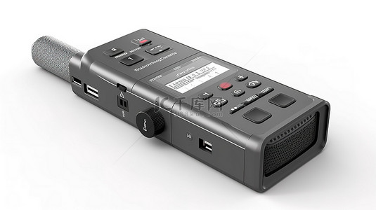 供记者使用的数字录音机或录音机的白色背景 3D 渲染