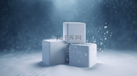 冬季仙境展示了积雪覆盖的讲台的 3D 渲染，采用立方体形状设计