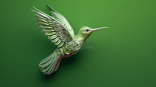 蜂鸟采蜜背景图片_令人惊叹的 3D 艺术品白色蜂鸟剪影装饰着复古绿色图案