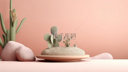 高架展台装饰着植物仙人掌卵石和石头，背景柔和，高品质 3D 渲染