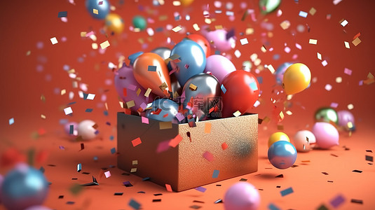 惊喜背景图片_节日礼品盒的 3D 渲染插图，带有代表庆祝精神的气球和五彩纸屑