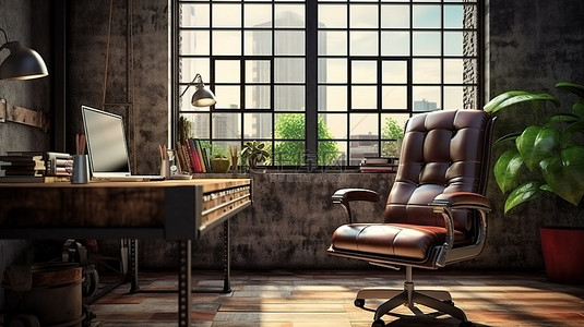 工业阁楼办公室内部皮革扶手椅的 3D 渲染