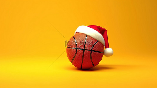 3d 渲染黄色背景与红色圣诞老人帽子穿着篮球