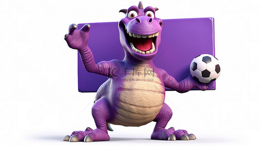 滑稽的 3d 紫色恐龙，带标志和足球