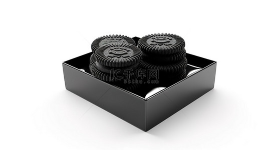 牛皮袋包装背景图片_白色背景上隔离的饼干包装时尚黑色设计的 3D 插图