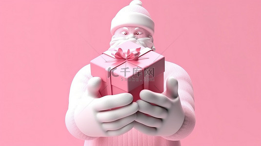 水龙头卡通背景图片_3D 渲染圣诞老人戴着手套的手抓着粉红色的礼品盒