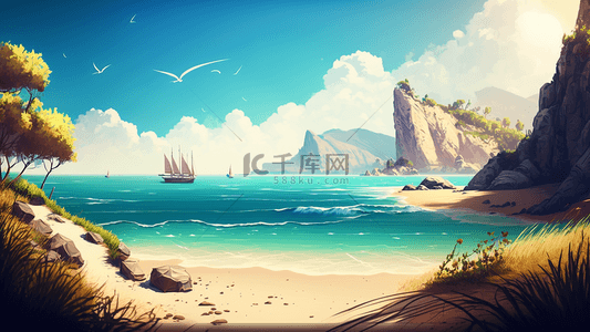 沙滩背景图片_夏季海边岩石风景卡通背景