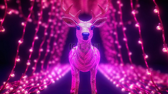 充满活力的洋红色圣诞背景上发光鹿花环的 3D 渲染