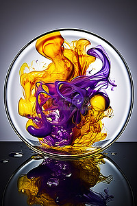 盘子上各种液体的紫色和黄色漩涡