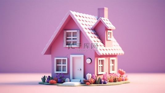 卡通粉色微型房屋的可爱 3D 插图